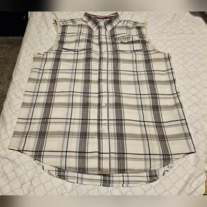 Harley-Davidson Men's Plaid Sleeveless Shirt - Black, White, and Gray